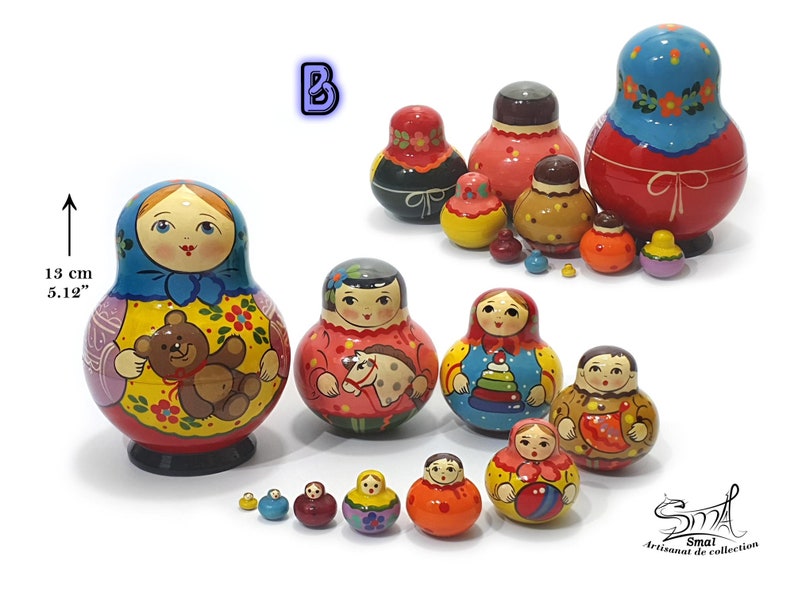 Matriochka russe artisanale 13 cm, série 10 poupées gigognes, décor enfant avec ours en peluche et motifs floraux colorés