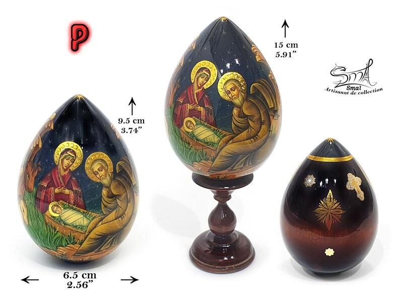 Easter Wooden Egg on a Stand, Nativity Scene, Orthodox Russian Icon, Hand-Painted