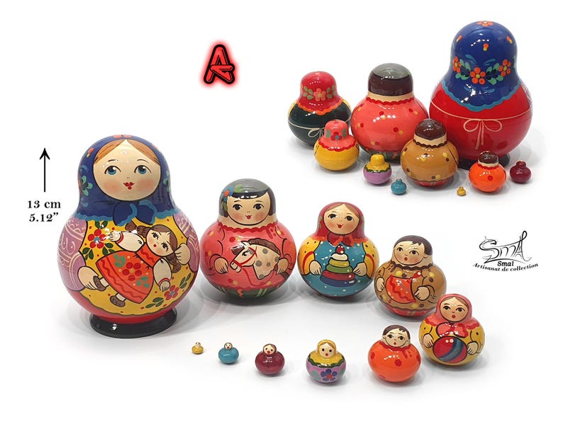 Matriochka traditionnelle en bois peinte à la main, 13 cm, ensemble de 10 poupées gigognes aux motifs enfantins colorés, artisanat russe