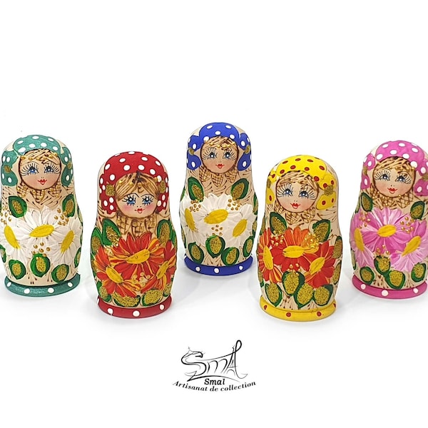 Matriochka Poupée Russe Gigogne Traditionnelle Classique Fleurs bois brut. Wood Burned Matryoshka Russian Nesting Dolls flowers. Réf:P5P1V