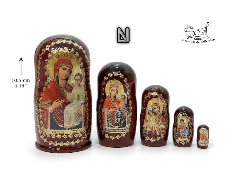 May include: A set of five Russian nesting dolls, each with a burgundy finish and gold accents. The dolls feature religious iconography, with images of the Virgin Mary and child. The largest doll is 10.5 cm (4.13 inches) tall.