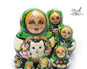 Matryoshka Russian nesting dolls cat flowers Babushka 10 pieces. Matryoshka high-end Russian doll cats kitten flowers. Ref:C10M3C