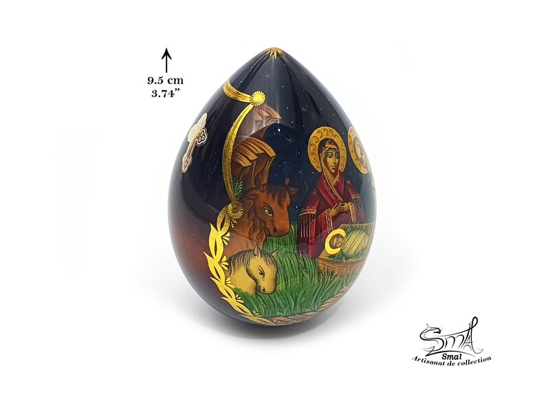 Easter Wooden Egg on a Stand, Nativity Scene, Orthodox Russian Icon, Hand-Painted
