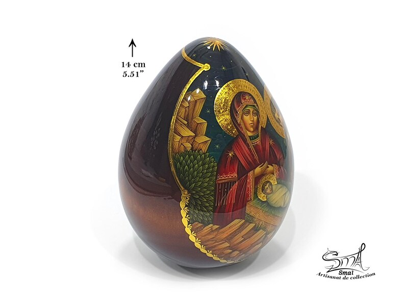 Easter Wooden Egg on a Stand, Nativity Scene, Orthodox Russian Icon, Hand-Painted