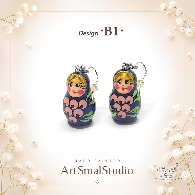Blue Matryoshka doll earrings Design B1, handmade Russian nesting doll jewelry, wooden babushka earrings with pink flower painting, lightweight folk art dangle earrings, cute Slavic style accessory, artisan painted mini matryoshka earrings, unique gift for her by ArtSmalStudio