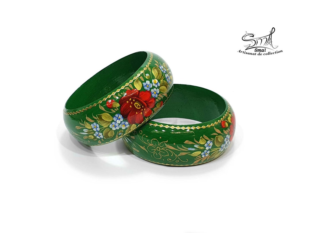 Russian Wooden Bangle Bracelet, Hand-painted Jewelry. Russian