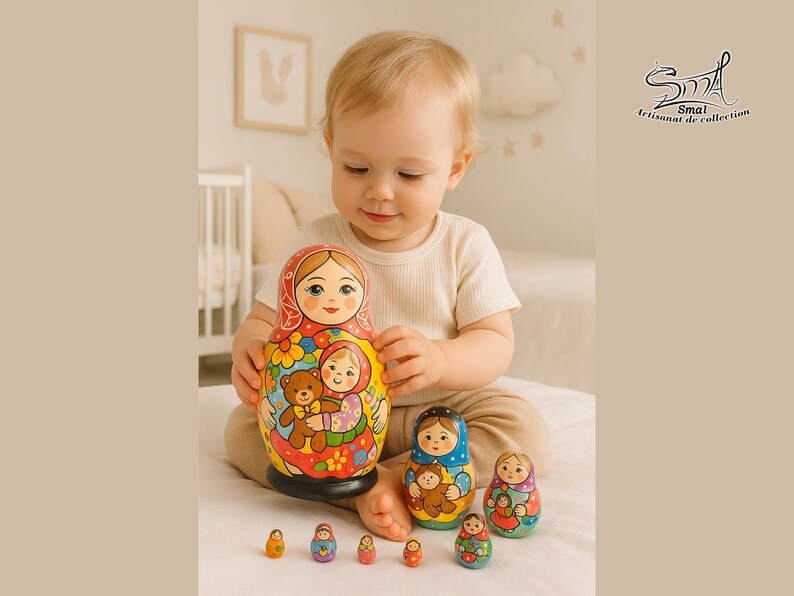 Poupées gigognes Matriochka pour enfants, ours et poupée en chiffon, jouet éducatif en bois, jouet Montessori, décor chambre enfant.