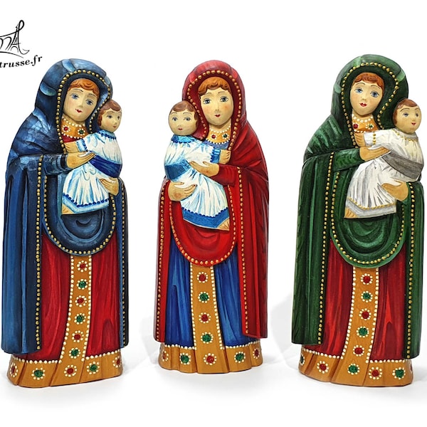 Statuette Sculpture Religieuse Vierge Marie Enfant Jésus Bois massif. Madonna Christmas Wooden Carved Sculpture Figurine Nativity. Réf:SBV1