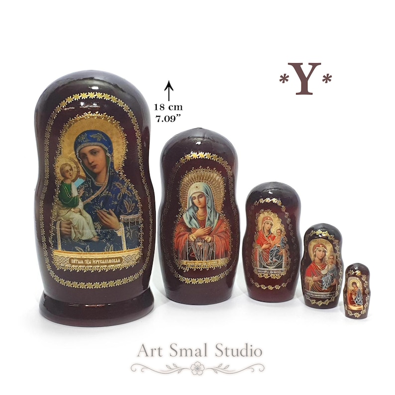 Matriochka Religieuse – Poupée Russe avec Icônes Orthodoxes, Vierge Marie, Enfant Jésus, Saint Nicolas, Vladimirskaya, Kazanskaya.