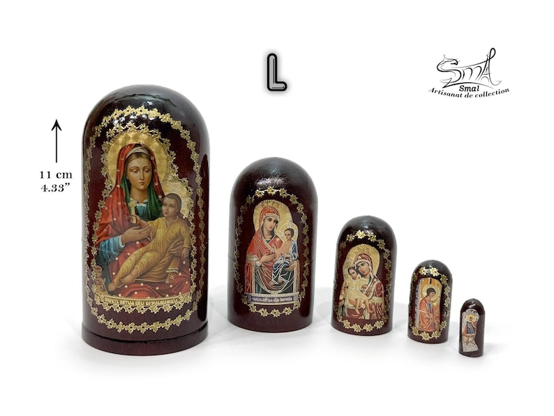 May include: A set of five dark brown nesting dolls, each featuring a religious icon with gold accents. The largest doll is 4.33 inches tall. The dolls are arranged from largest to smallest.