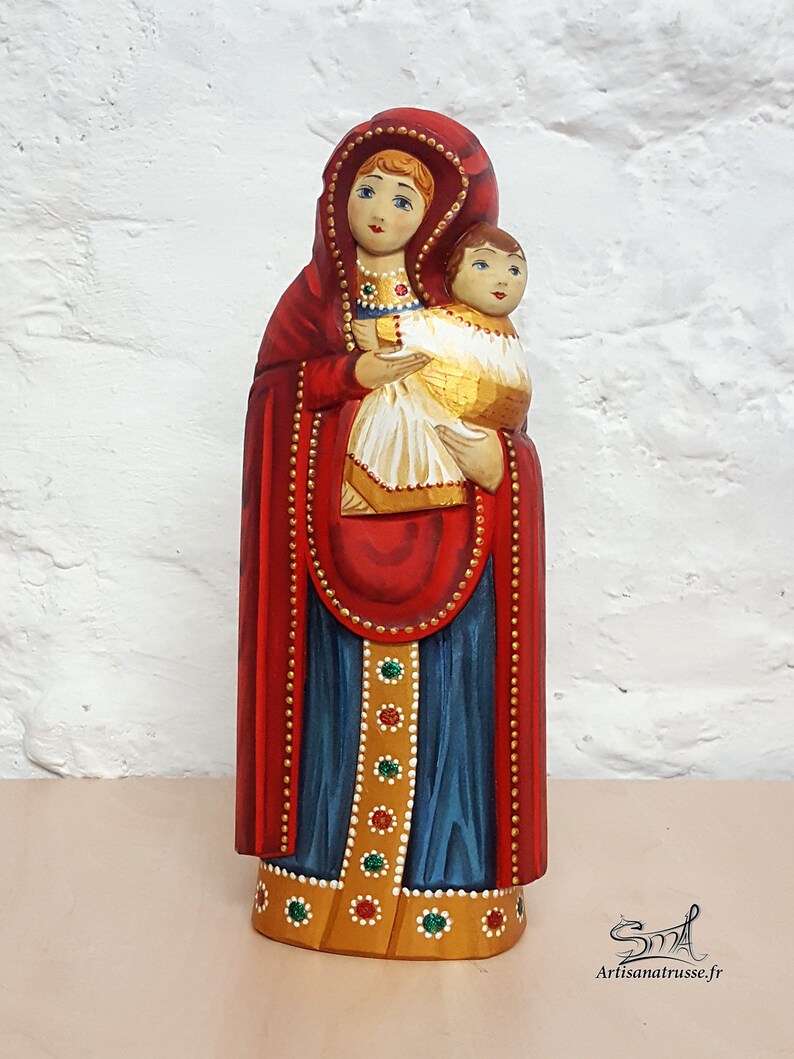 Religious statuette Virgin Mary Child Jesus carved and image 2