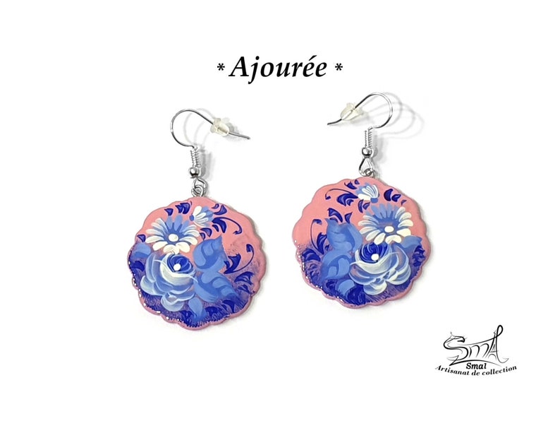 Boucles d'oreilles fleurs femme fille bijoux russe papier mâché peint à la main. Russian jewelry flowers hand painted earrings. BX11FD1 Ajourée