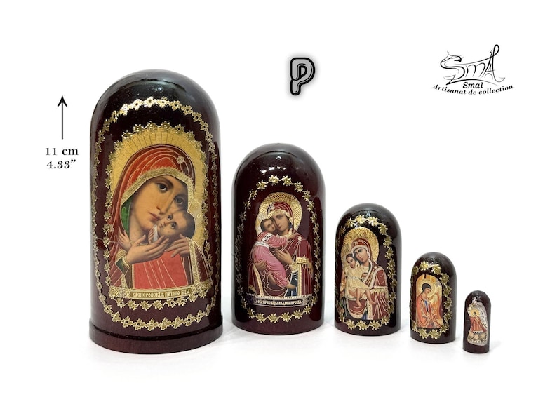 May include: A set of five Russian nesting dolls, each with a dark brown finish and religious iconography. The largest doll is 4.33 inches (11 cm) tall. The dolls feature images of the Virgin Mary and child, with gold accents.