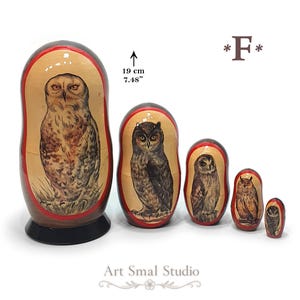 Five Russian nesting dolls featuring different hand-painted owls. The largest owl has a rounded head without visible ear tufts, a warm brown and cream body, and distinctive orange-brown eyes; the smaller dolls show several other owl varieties, including a dark owl with ear tufts and lighter brown owls. The 19 cm set is displayed from largest to smallest on a white background. Model F