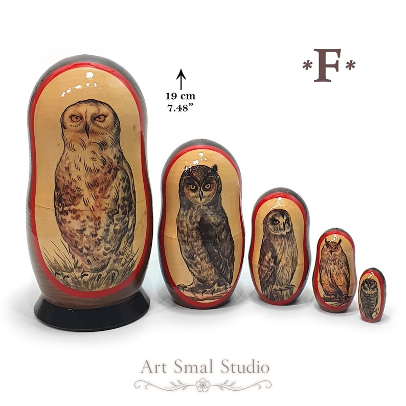 Five Russian nesting dolls featuring different hand-painted owls. The largest owl has a rounded head without visible ear tufts, a warm brown and cream body, and distinctive orange-brown eyes; the smaller dolls show several other owl varieties, including a dark owl with ear tufts and lighter brown owls. The 19 cm set is displayed from largest to smallest on a white background. Model F
