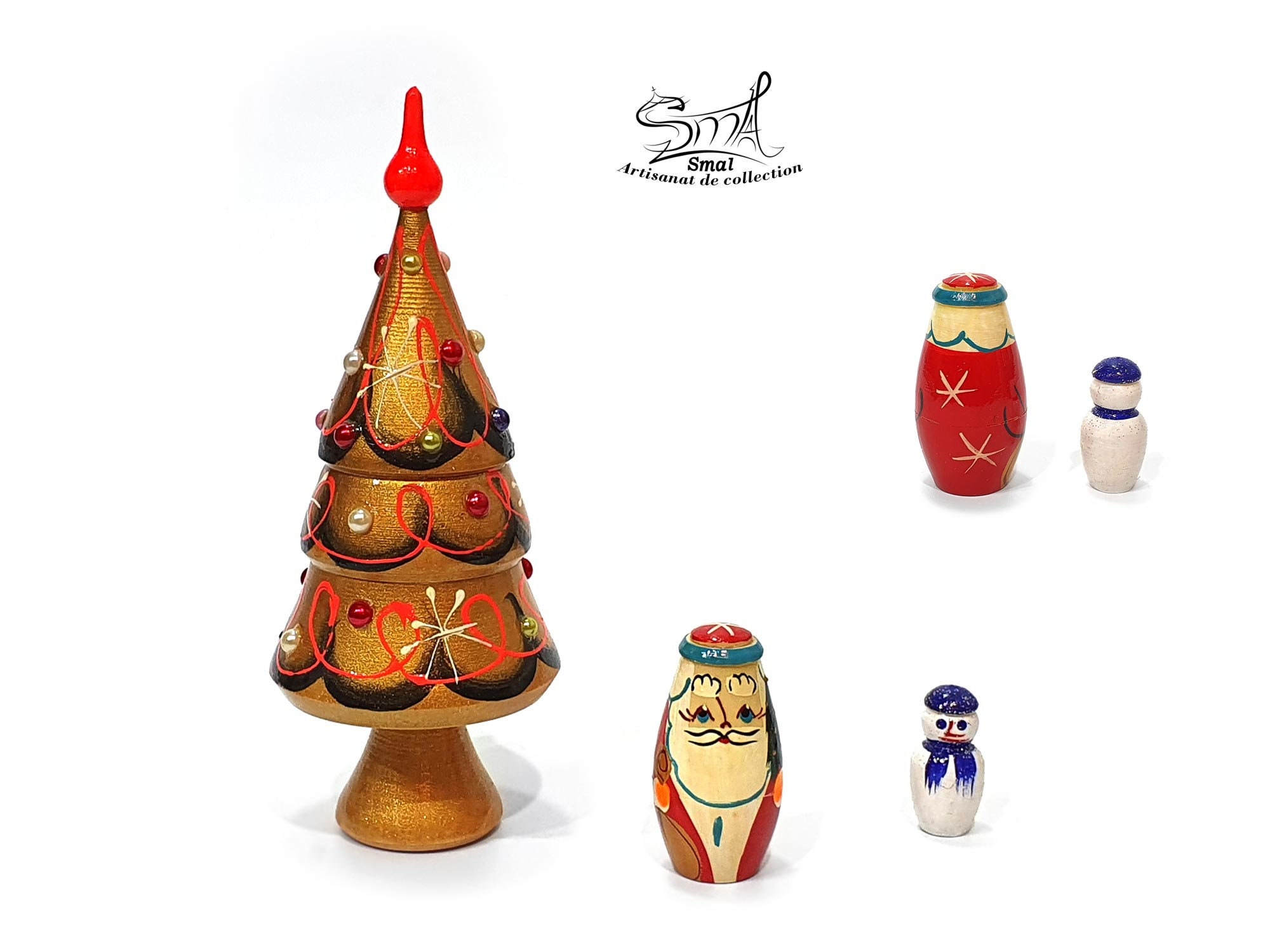 Wooden Matryoshka Christmas Tree Santa Claus Snowman Russian