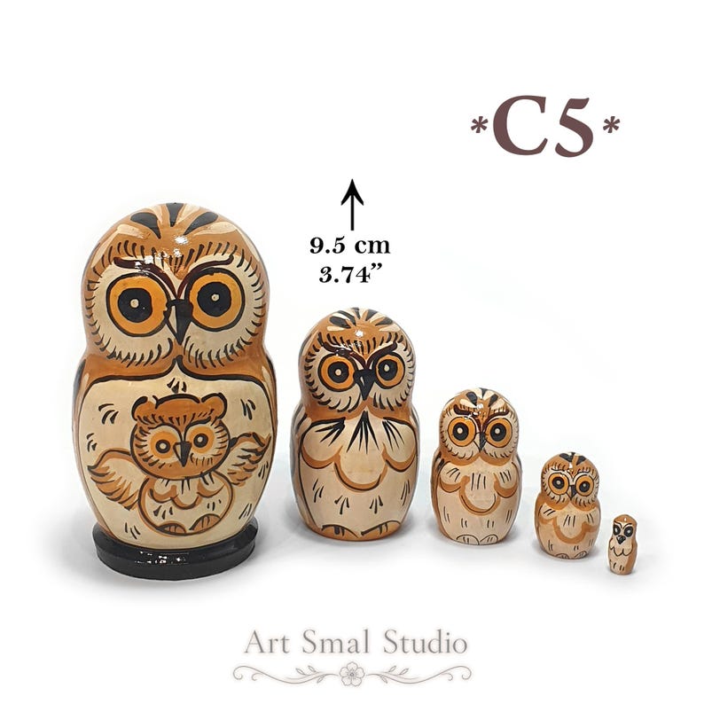 Matriochka hiboux russe en bois, set de 5 poupées gigognes peintes à la main, hauteur 9,5 cm. Modèle C5
