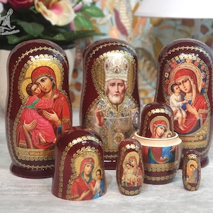Religious Matryoshka – Russian Doll with Orthodox Icons, Virgin Mary, Baby Jesus, Saint Nicholas, 11 cm, 15 cm or 18 cm. Ref:R5M
