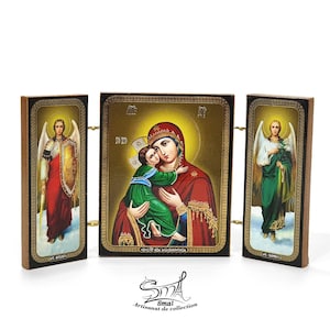 Triptych Orthodox Icon of the Virgin of Vladimir, Vladimirskaya, Russian Religious Craftsmanship. Russian Vladimir Mother of God Icon. Ref: IC1M2
