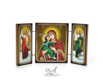 Triptych Orthodox Icon of the Virgin of Vladimir, Vladimirskaya, Russian Religious Craftsmanship. Russian Vladimir Mother of God Icon. Ref: IC1M2