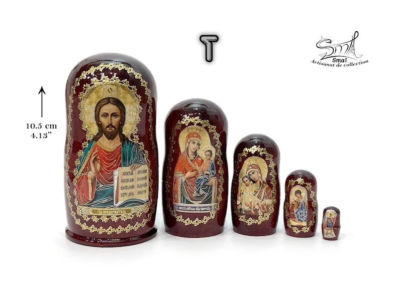 May include: A set of five Russian nesting dolls, each with a burgundy finish and gold accents. The largest doll is 4.13 inches tall and features an image of Jesus. The other dolls depict religious figures.