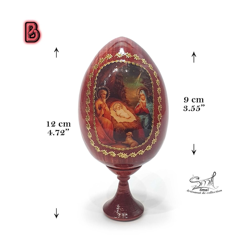 Œuf décoratif motif B avec scène de la Nativité, en bois fait main, finition vernie brillante, avec support, hauteur 12 cm (œuf 9 cm), décoration religieuse chrétienne Noël et Pâques