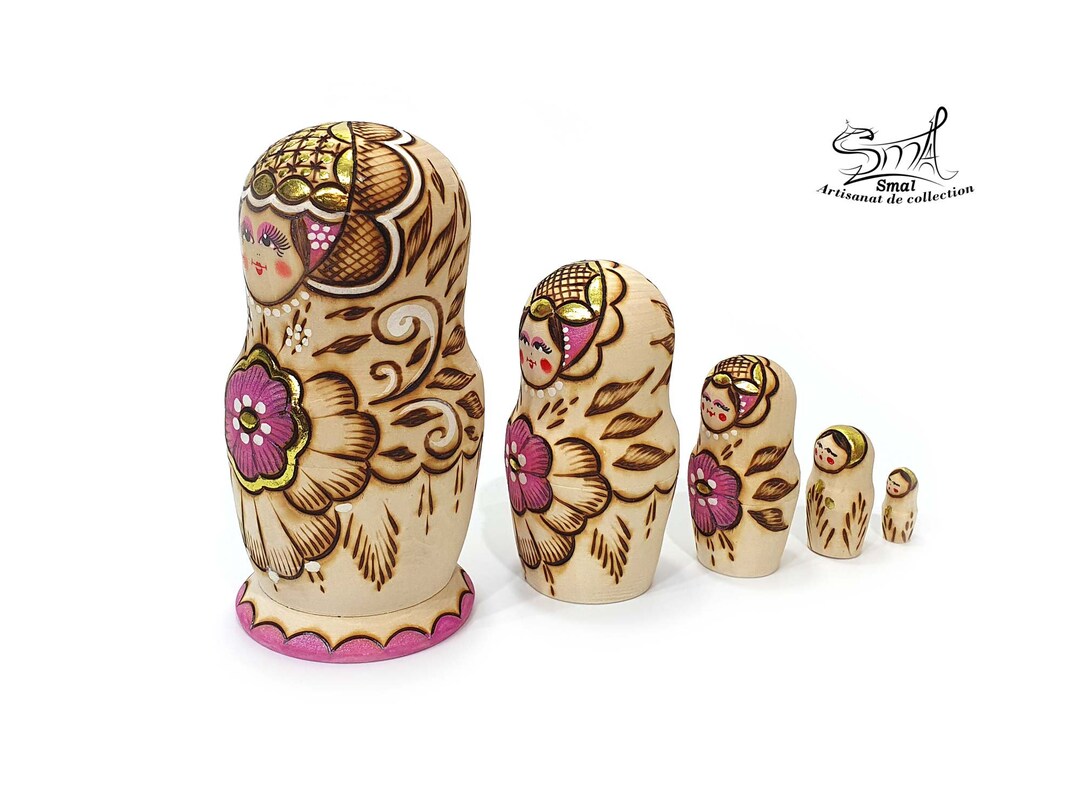 Wood Burnt Matryoshka Russian Nesting Doll With Flowers