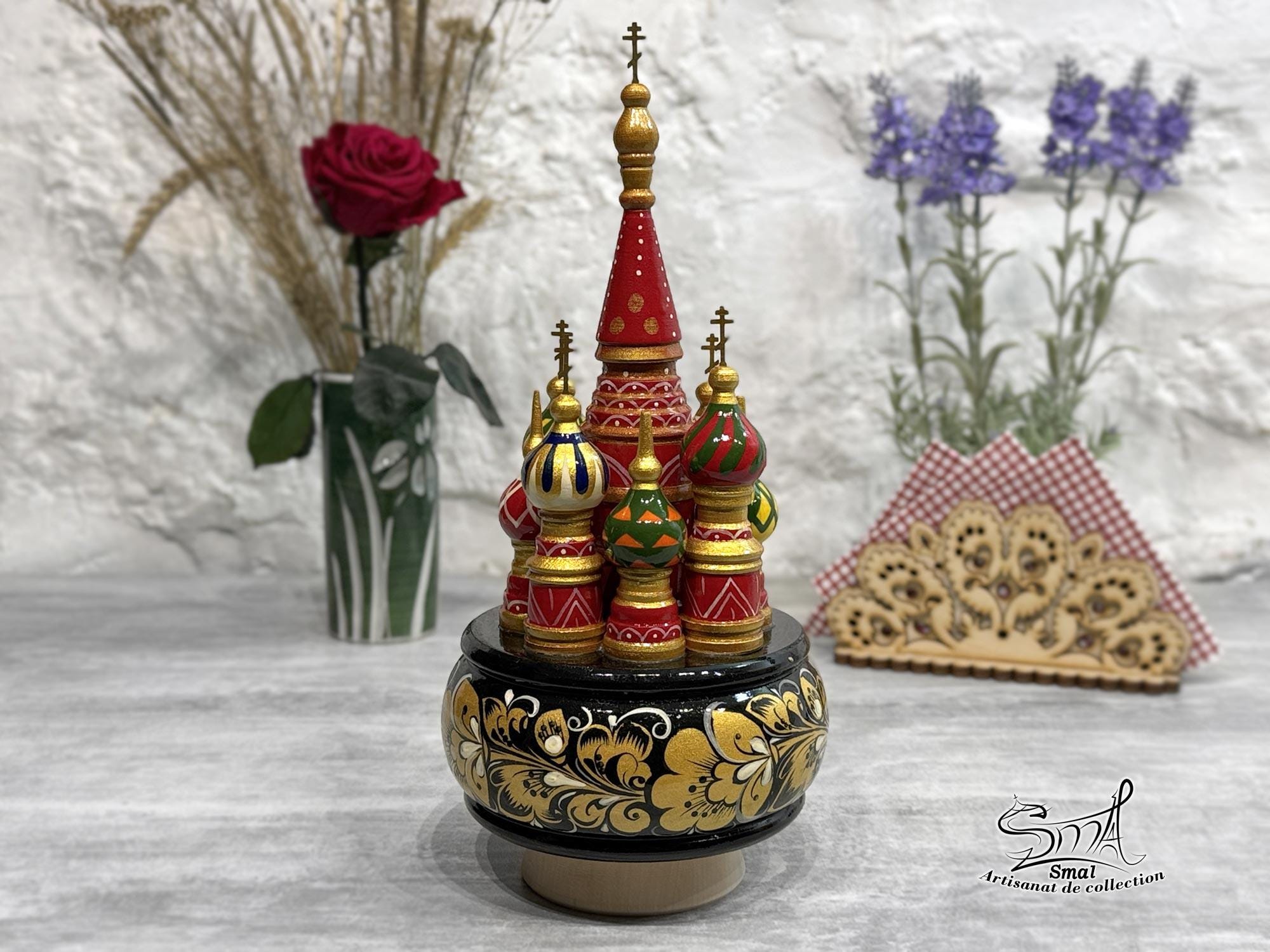 Rotating Music Box, Miniature Russian Church, Traditional Hand