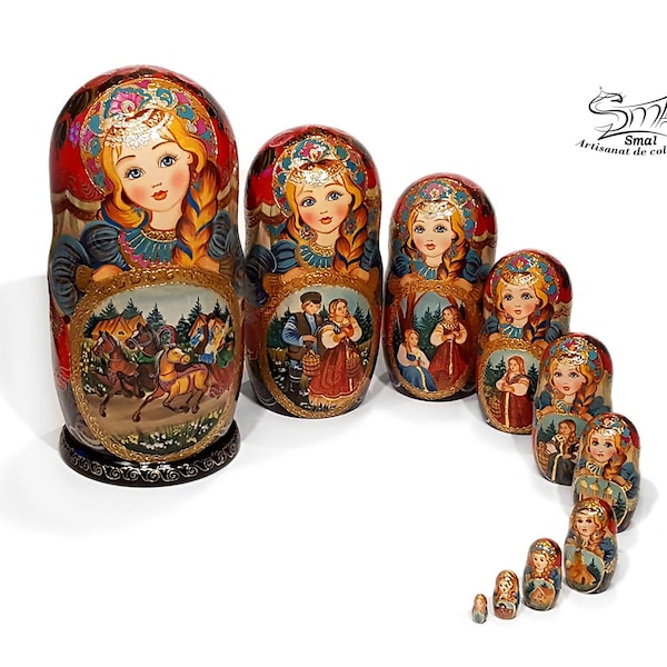 Matriochka qualité poupée russe haut gamme troïka russe conte. Matryoshka babushka russian wooden nesting dolls fairy tale. Réf:C10G7TR3