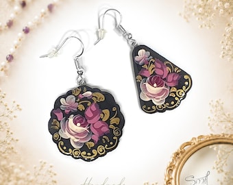 Hand Painted Purple Rose and Gold Floral Earrings, Lightweight Wooden Russian Folk Jewelry | BX11FL2
