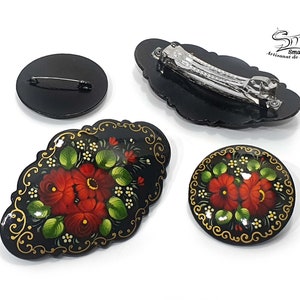 Barrette clip pin hair brooch woman Russian flowers paint varnish wood gift girl. Wooden flower girl russian clip brooch. Ref:BX25G2