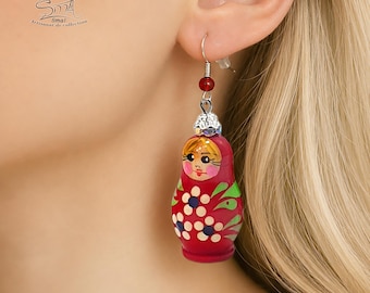 Hand-painted Wooden Matryoshka Earrings, Russian Doll Earrings, Colorful Folk Art Gift for Women