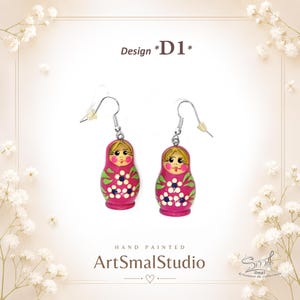 Pink Matryoshka earrings Design D1, handmade Russian doll jewelry, bright pink babushka dangle earrings with floral painting, miniature wooden nesting doll earrings, lightweight Slavic folk art accessory, cute colorful artisan earrings, unique gift for women by ArtSmalStudio