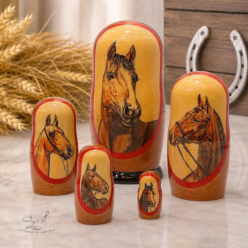 Horse matryoshka dolls set of five, hand painted Russian nesting dolls with detailed horse portraits, wooden folk art, red accents, and rustic equestrian decor