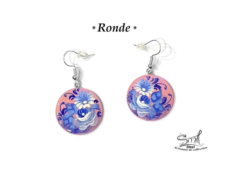 Boucles d'oreilles fleurs femme fille bijoux russe papier mâché peint à la main. Russian jewelry flowers hand painted earrings. BX11FD1 Ronde