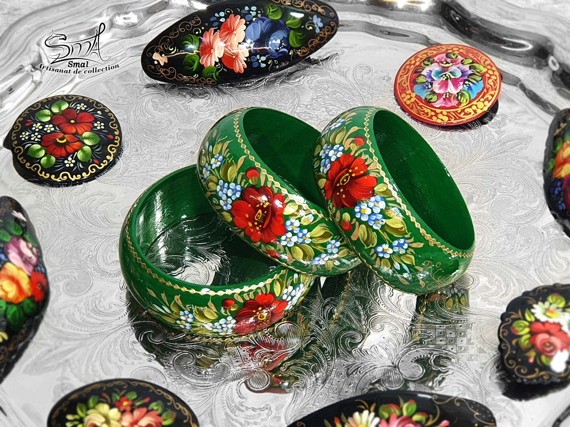 Russian Wooden Bangle Bracelet, Hand-painted Jewelry. Russian