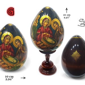 Easter Wooden Egg on a Stand, Nativity Scene, Orthodox Russian Icon, Hand-Painted