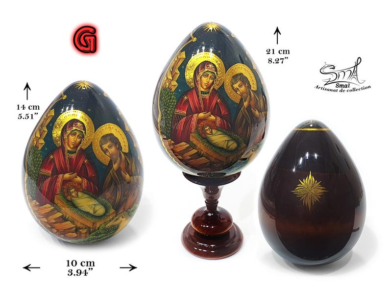 Easter Wooden Egg on a Stand, Nativity Scene, Orthodox Russian Icon, Hand-Painted