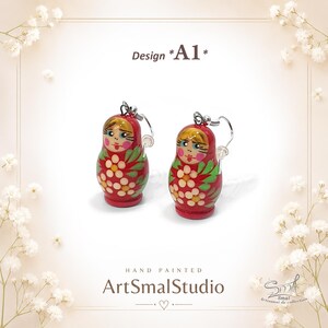 Hand-painted red Matryoshka earrings Design A1 with floral pattern, miniature Russian nesting doll earrings made from wood, lightweight handmade folk art jewelry, unique red babushka doll dangle earrings by ArtSmalStudio
