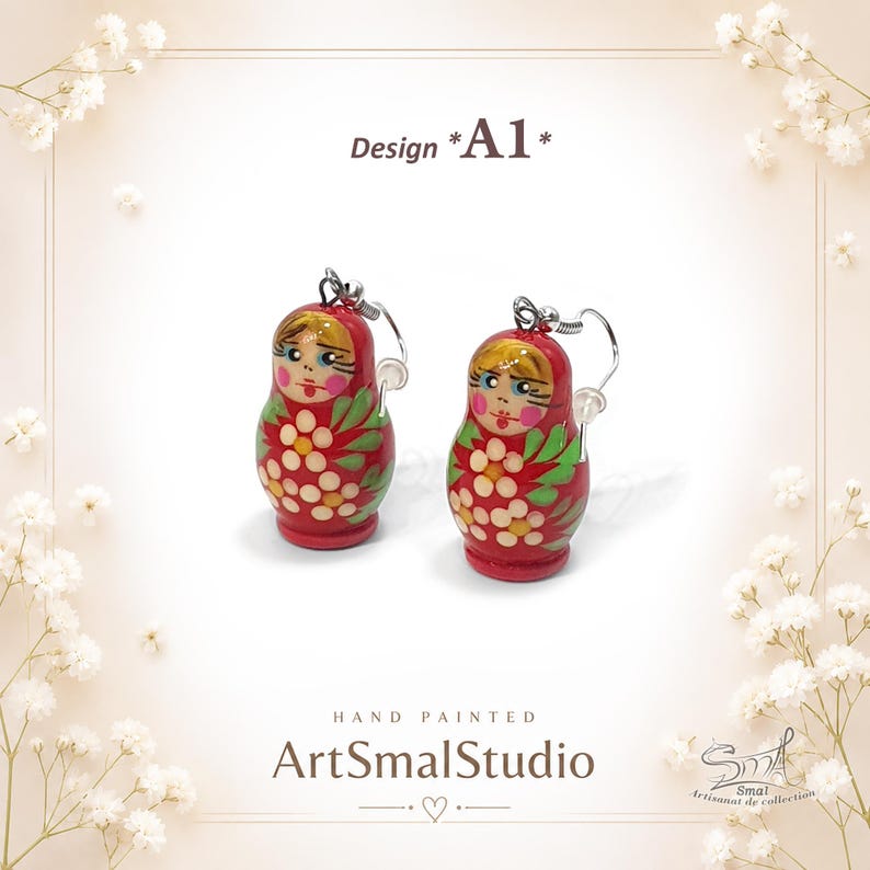 Hand-painted red Matryoshka earrings Design A1 with floral pattern, miniature Russian nesting doll earrings made from wood, lightweight handmade folk art jewelry, unique red babushka doll dangle earrings by ArtSmalStudio