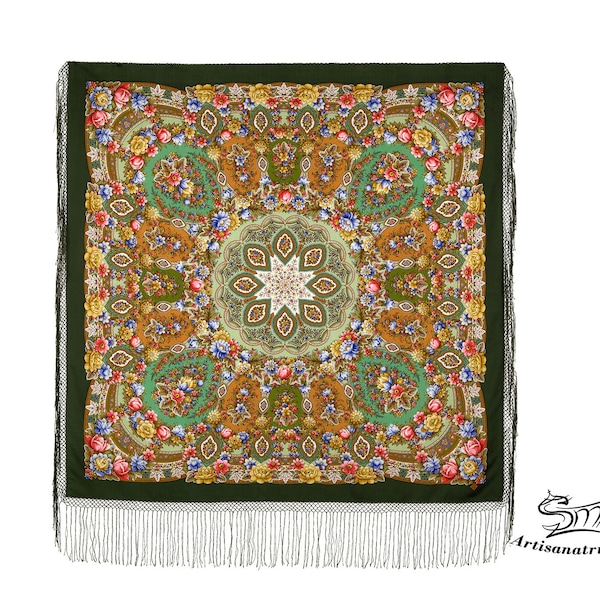 Luxuriöser russischer authentischer Original Pavlovo Posad Schal aus 100 % Wolle. Authentischer russischer Schal aus Pavlovsky Possad-Wolle. Ref: 148S5C
