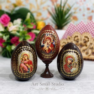 Orthodox Easter Egg, Wooden Russian Icon, Our Lady of Vladimir, Our Lady of Kazan, Our Lady of Zhirovitsy, Religious Easter Gift.  Ref:OF713