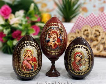 Orthodox Easter Egg, Wooden Russian Icon, Our Lady of Vladimir, Our Lady of Kazan, Our Lady of Zhirovitsy, Religious Easter Gift.  Ref:OF713