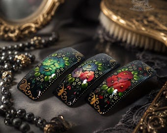 Hand Painted Floral Wooden Hair Barrette - Zhostovo Lacquer Art Hair Clip, Russian Folk Art Accessory, Handmade Gift for Her, 10x4 cm
