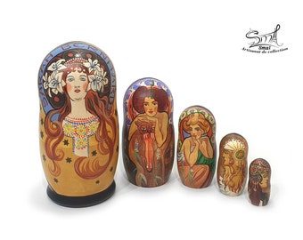 Sarah Bernhardt Matryoshka russian nesting dolls Alphonse Mucha Russian nesting doll collection 5 pieces. Ref:K5G5M