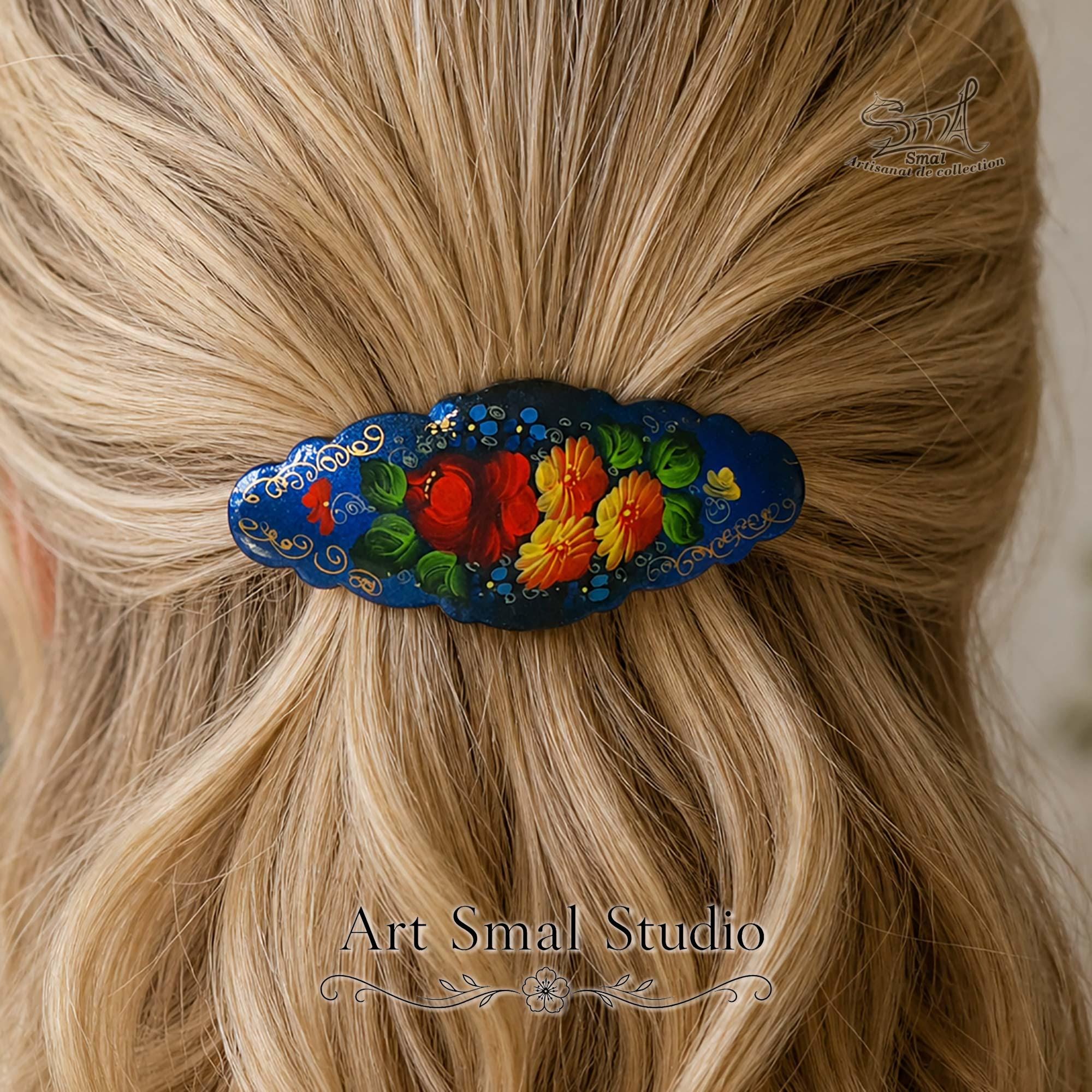 Vintage Black & brown Floral hand painted oval hair clip barrett display picture 1