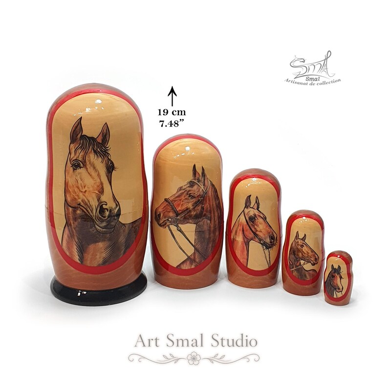 Large 19 cm horse-themed Russian nesting doll with four smaller wooden figures, showcasing hand painted equestrian artwork and traditional Russian folk art