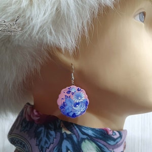 Boucles d'oreilles fleurs femme fille bijoux russe papier mâché peint à la main. Russian jewelry flowers hand painted earrings. BX11FD1 image 8