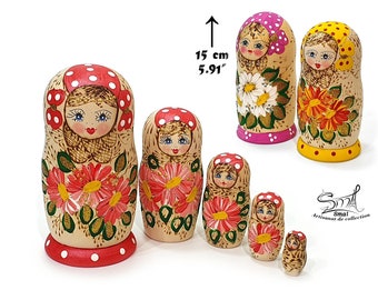 Matryoshka Russian Nesting Doll Traditional Classic Pyrographic Flowers. Wood Burned Matryoshka Russian Nesting Dolls flowers. Ref:P5M3V