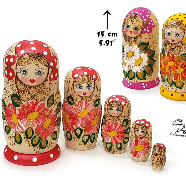 Matriochka Poupée Russe Gigogne Traditionnelle Classique Fleurs Pyrogravée. Wood Burned Matryoshka Russian Nesting Dolls flowers. Réf:P5M3V